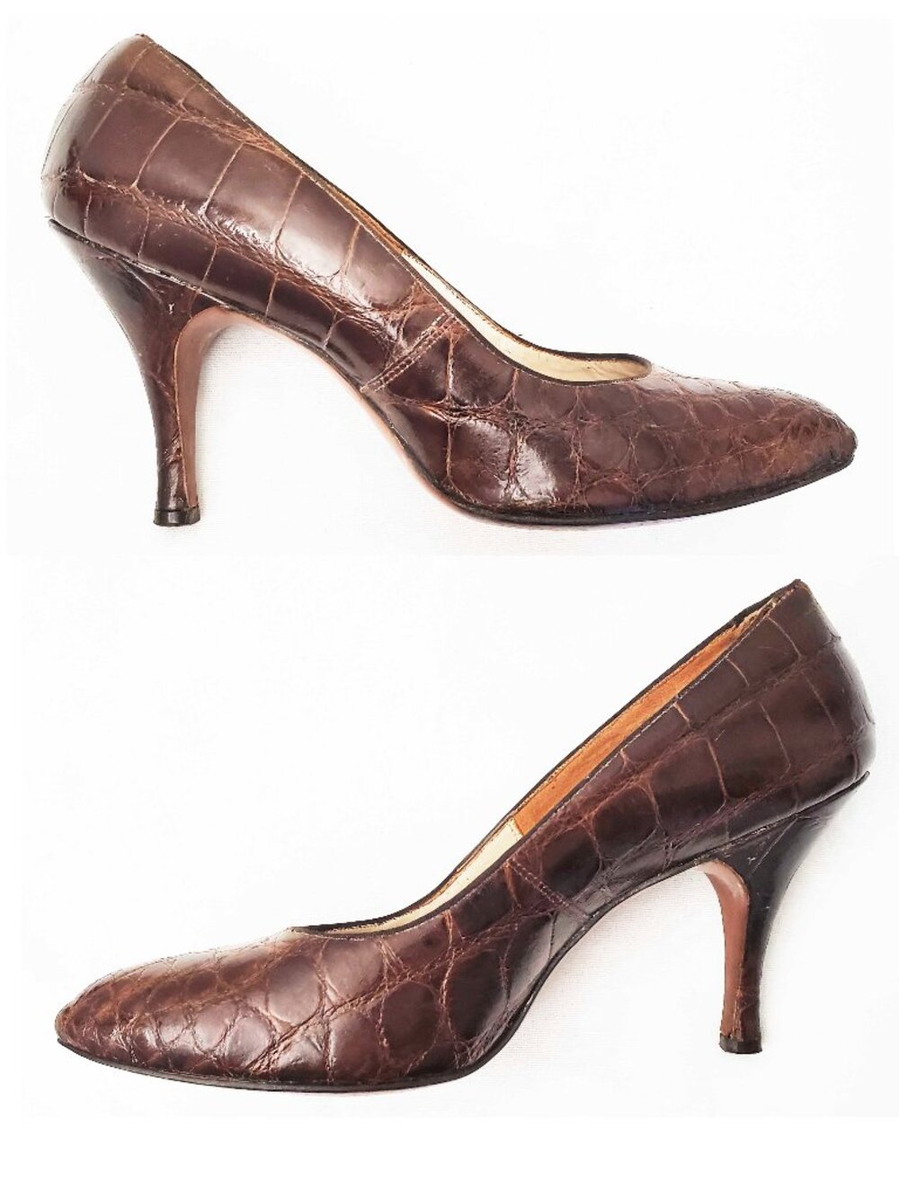 Vintage 50s / 60s Womens Brown Alligator Croc Stilettos Pumps Heels 8.5 B